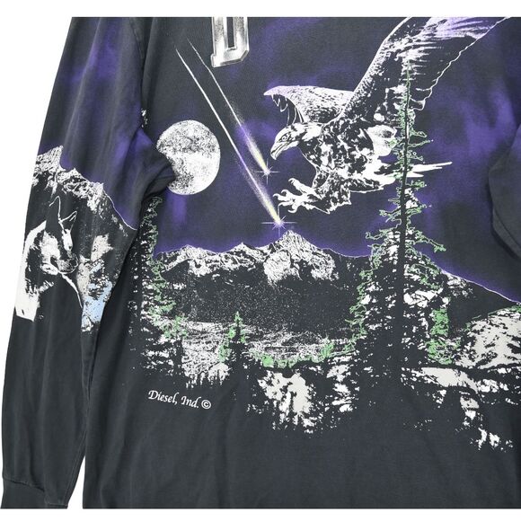 Diesel Black Chrome Wolf Eagle Long Sleeve Tee XL Distressed Fade Grunge Y2K - Picture 3 of 13